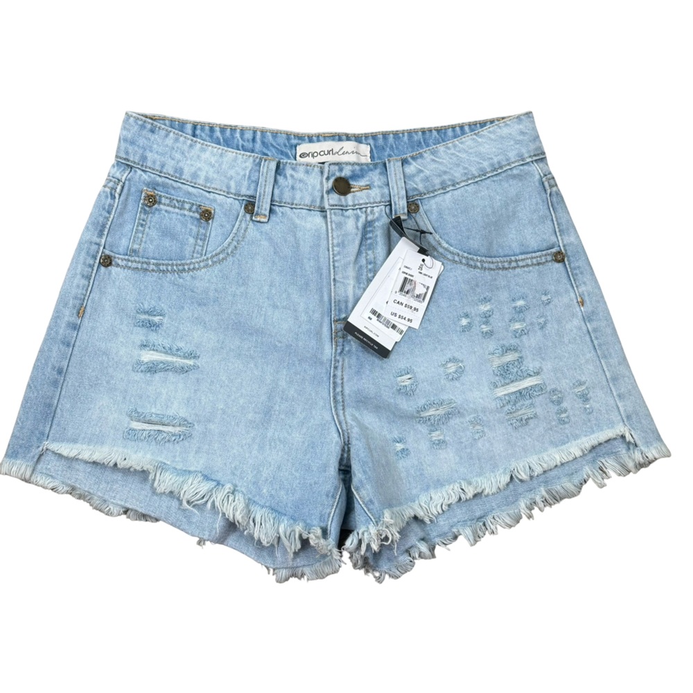 NWT Rip Curl Sophie Distressed High Rise Light Blue Denim Shorts 25